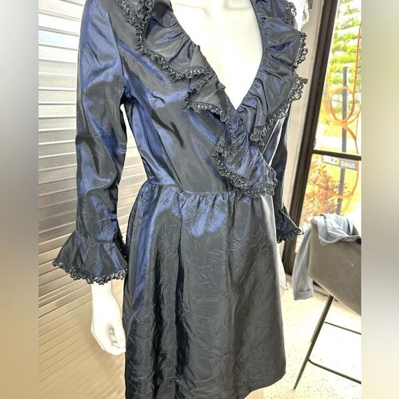 Anna Sui Vintage Taffeta Midnight Iridescent Blue Wrap Dress Small 4 - Picture 2 of 13